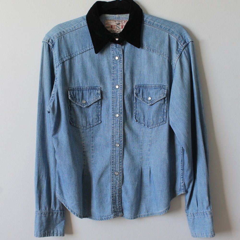 80's Vintage Express Fitted Denim Shirt w/ Velvet Collar + Snap Buttons Size L